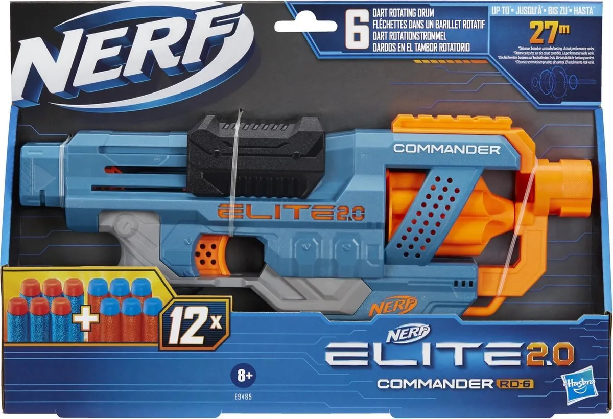Nerf Elite 2.0 Commander RD-6 Dartblaster - Blauw/Oranje