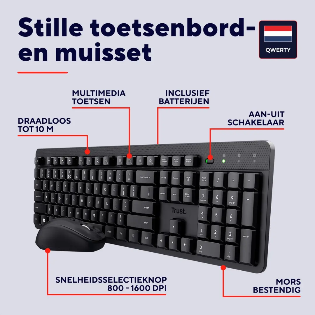 Trust ODY V2 Draadloos Toetsenbord & Muis Set AZERTY - 3 Knoppen - Zwart