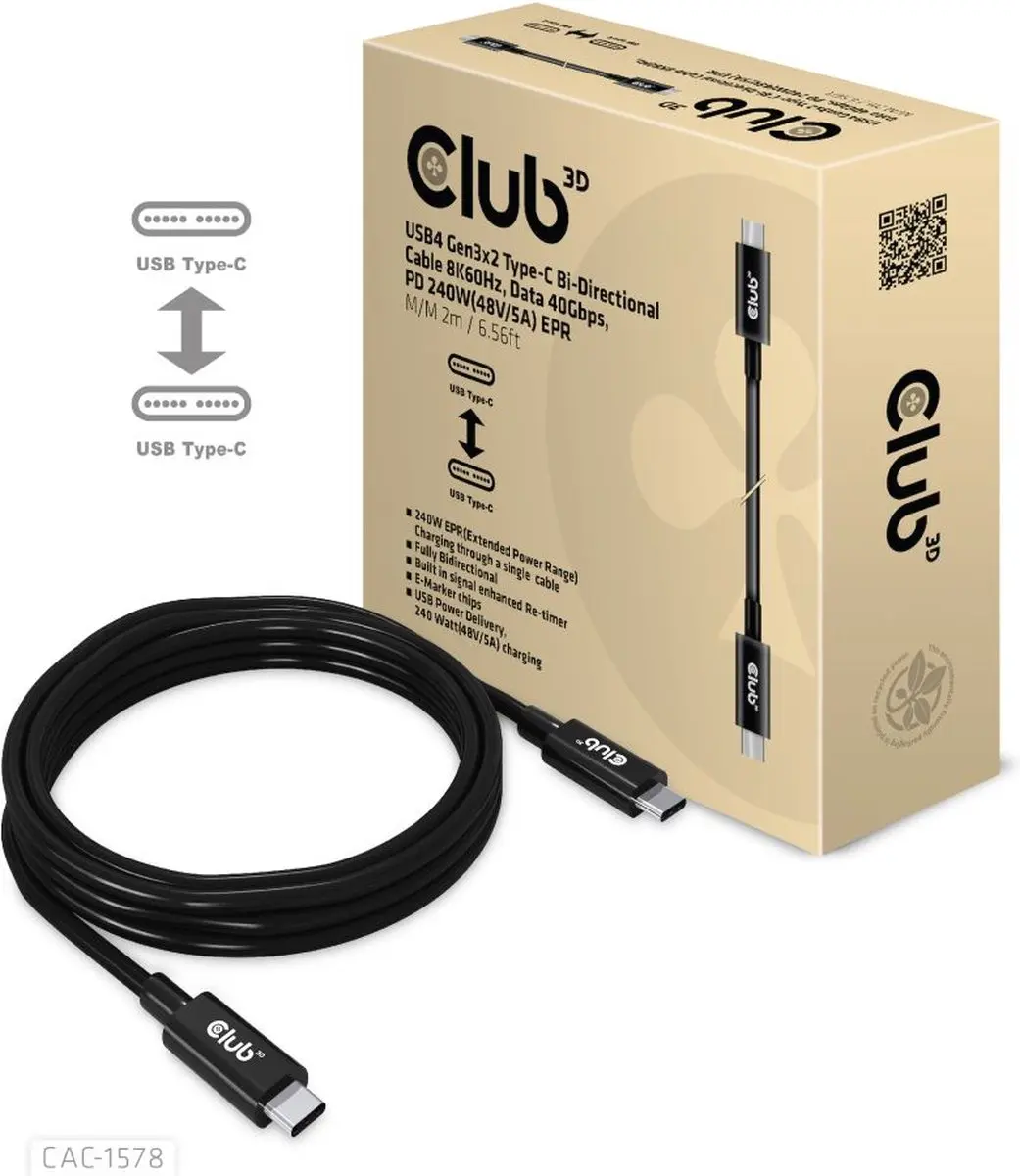 Club 3D USB4 Gen3x2 Type-C Kabel 8K60Hz 40Gbps PD 240W EPR 2m