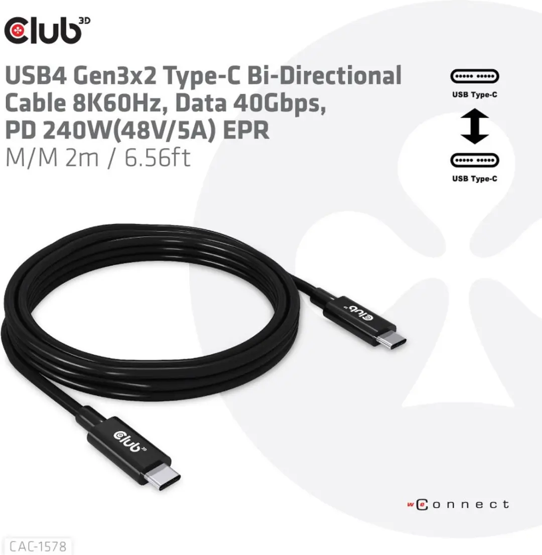 Club 3D USB4 Gen3x2 Type-C Kabel 8K60Hz 40Gbps PD 240W EPR 2m - Zwart - afbeelding 6 van 6