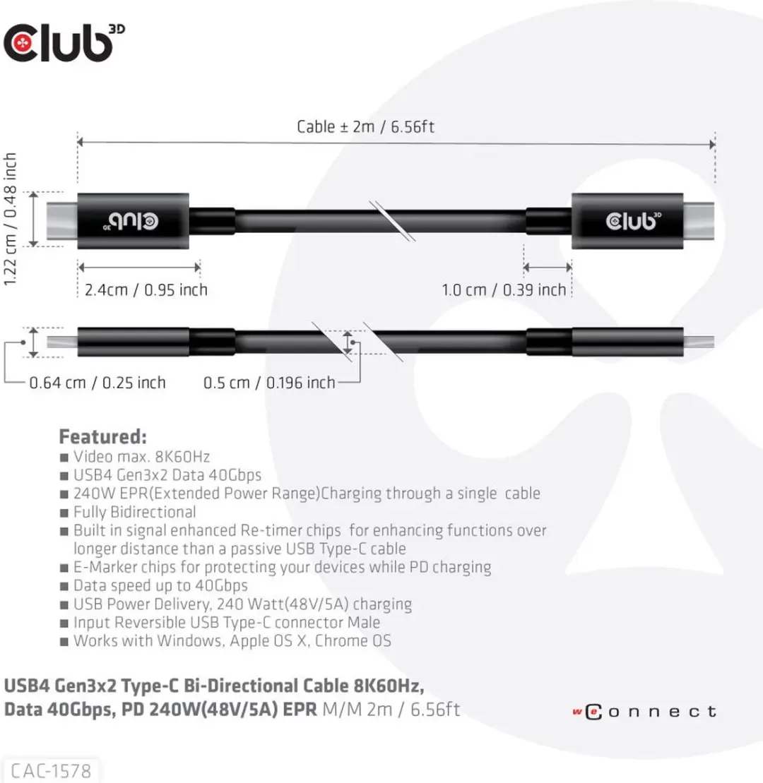 Club 3D USB4 Gen3x2 Type-C Kabel 8K60Hz 40Gbps PD 240W EPR 2m - Zwart