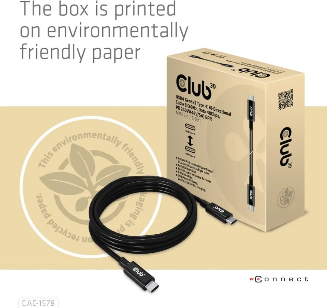 Club 3D USB4 Gen3x2 Type-C Kabel 8K60Hz 40Gbps PD 240W EPR 2m - Zwart