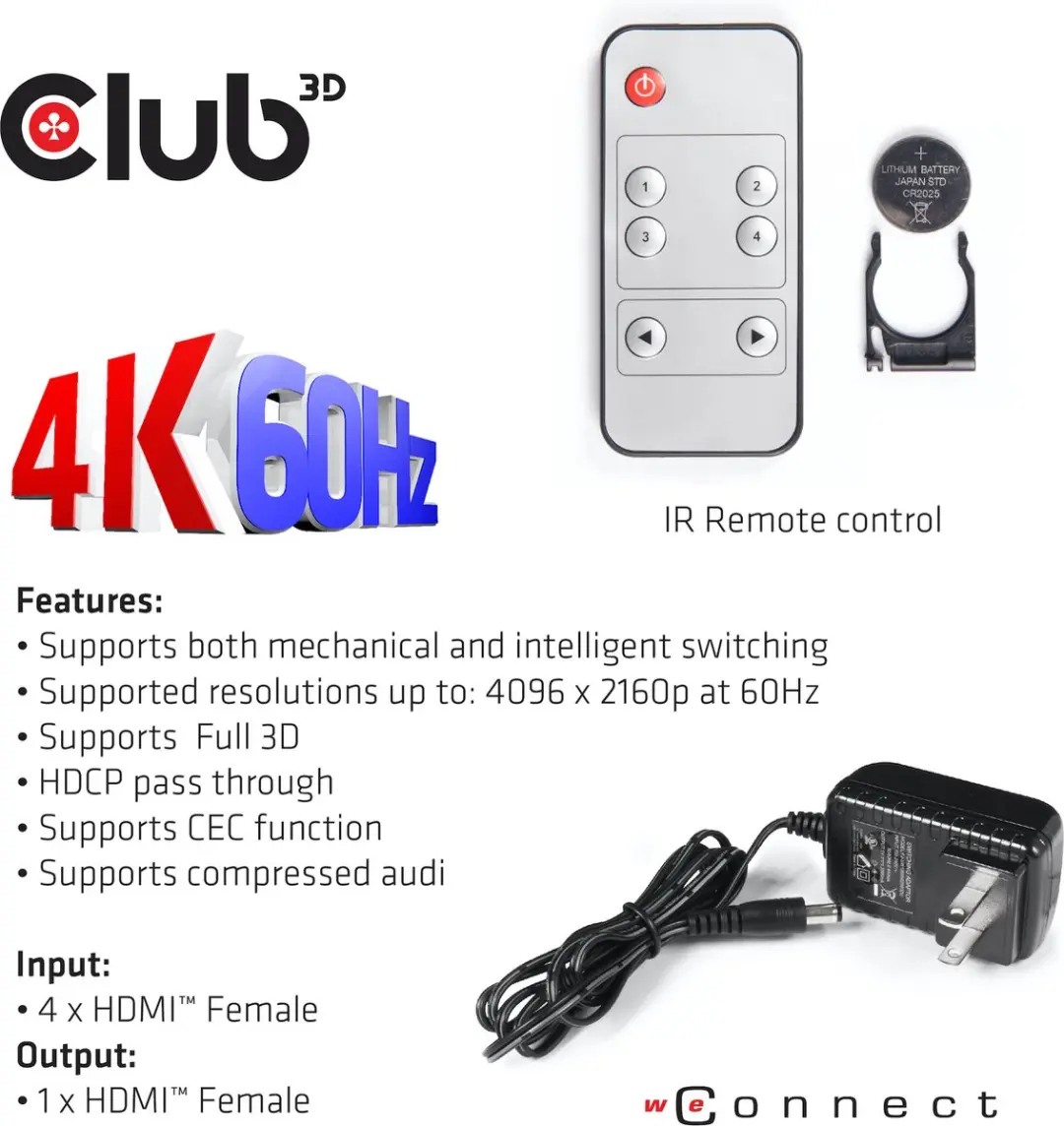 Club3D CSv-1370 HDMI 2.0 Switchbox - 4 Poorten - Zwart