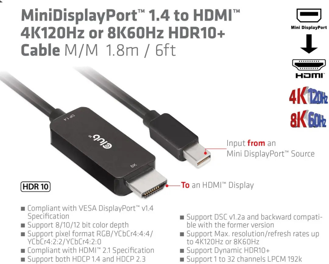 Club 3D MiniDisplayPort 1.4 naar HDMI 4K120Hz Kabel 1.8m - Zwart
