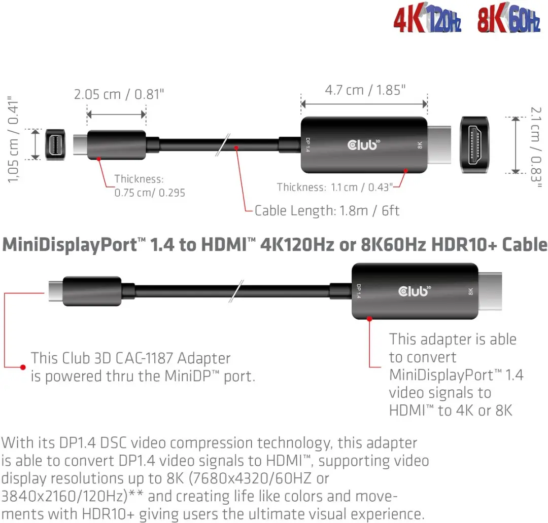 Club 3D MiniDisplayPort 1.4 naar HDMI 4K120Hz Kabel 1.8m - Zwart - afbeelding 6 van 6