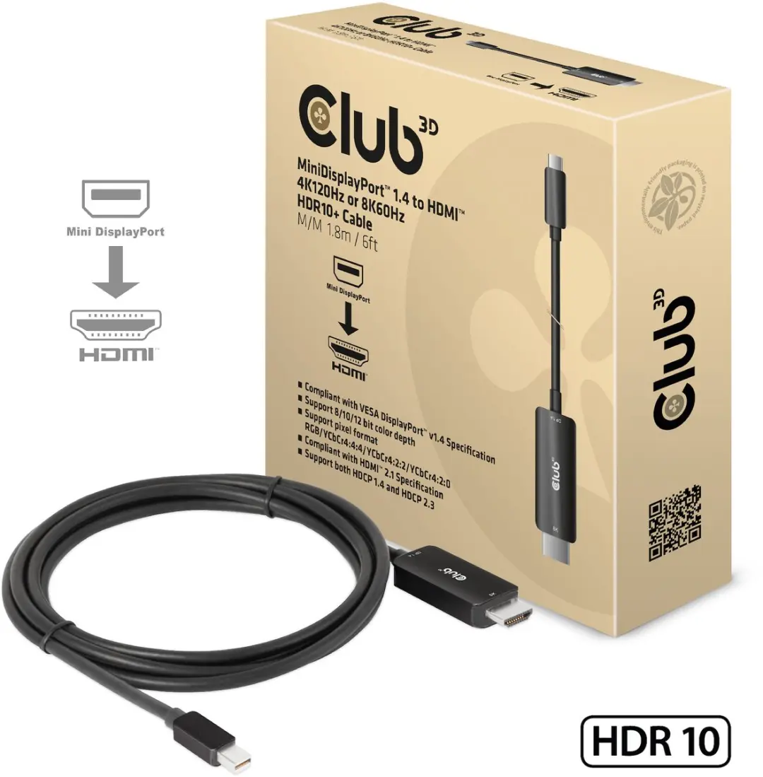 Club 3D MiniDisplayPort 1.4 naar HDMI 4K120Hz Kabel 1.8m