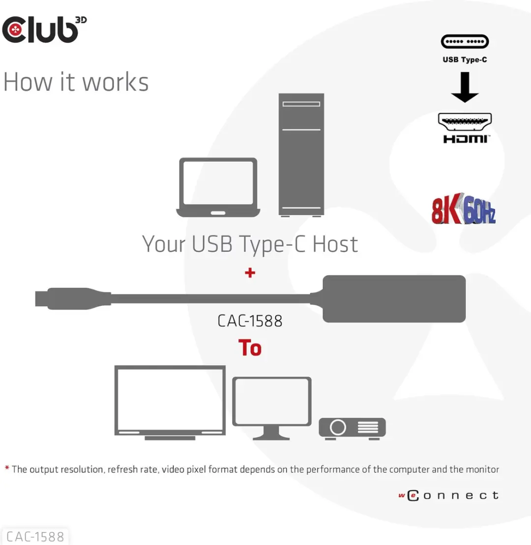 CLUB3D CAC-1588 USB-C naar HDMI Adapter - 8K60Hz/4K120Hz - Zwart