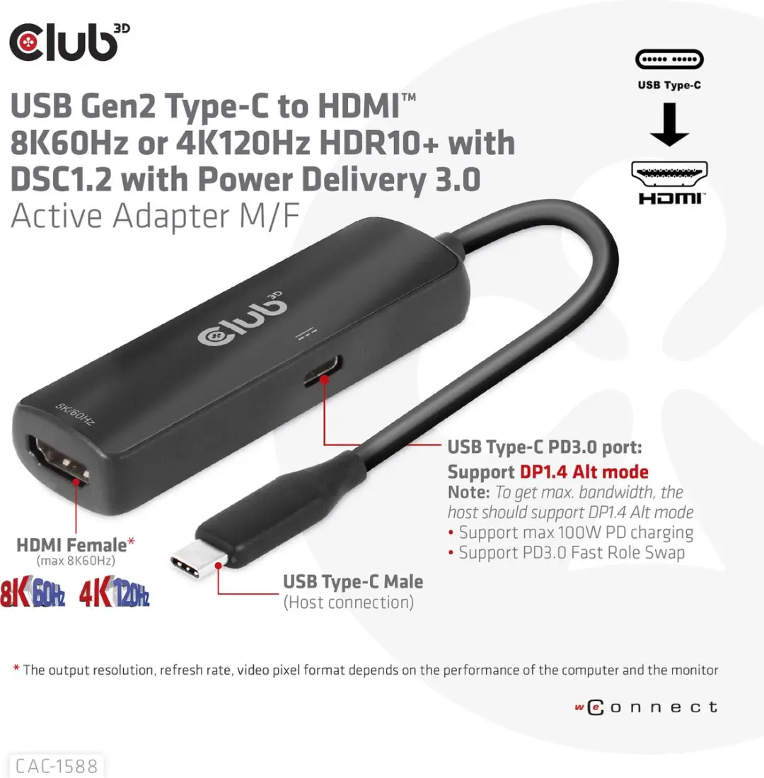 CLUB3D CAC-1588 USB-C naar HDMI Adapter - 8K60Hz/4K120Hz - Zwart - afbeelding 6 van 6