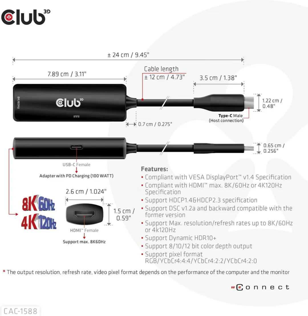 CLUB3D CAC-1588 USB-C naar HDMI Adapter - 8K60Hz/4K120Hz - Zwart