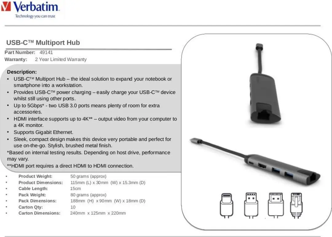Verbatim 49141 USB-C Hub - Grijs
