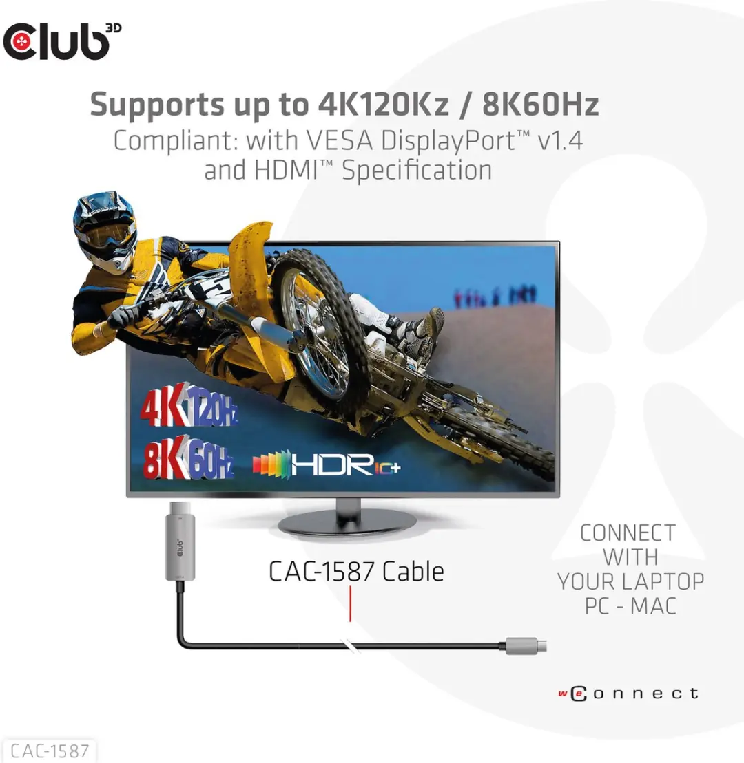 Club3D CAC 1587 USB-C naar HDMI Kabel 3m - 4K120Hz/8K60Hz - Zwart