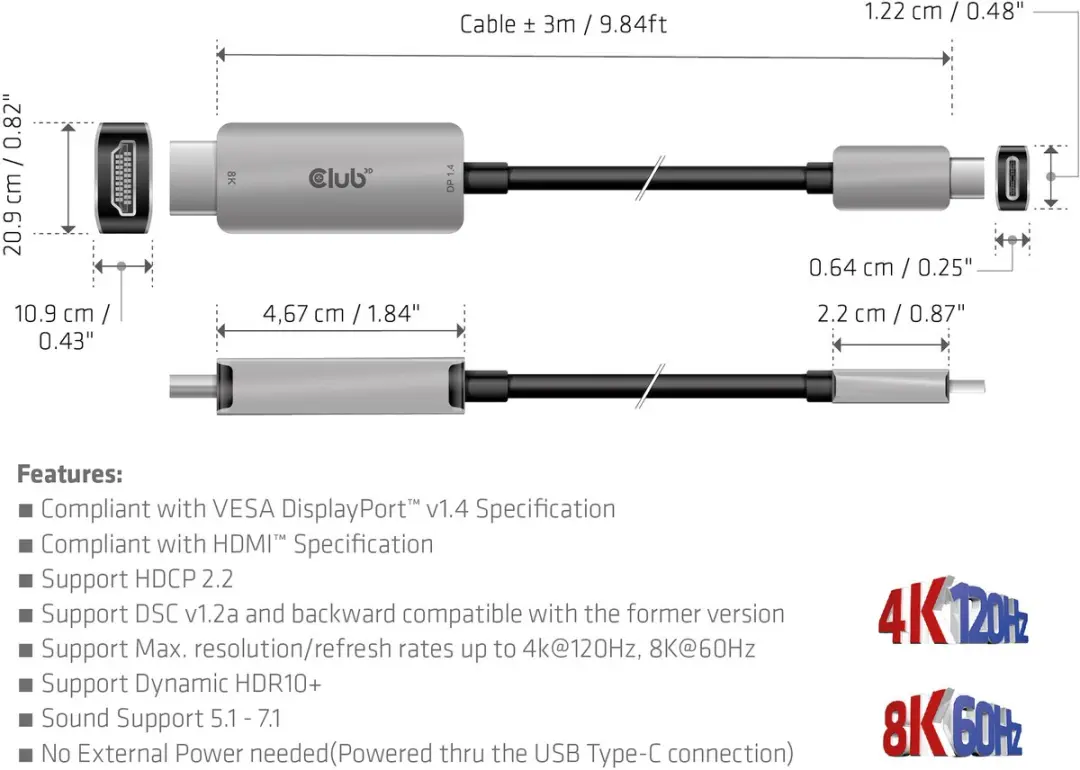 Club3D CAC 1587 USB-C naar HDMI Kabel 3m - 4K120Hz/8K60Hz - Zwart