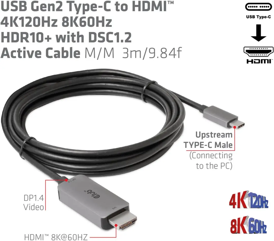 Club3D CAC 1587 USB-C naar HDMI Kabel 3m - 4K120Hz/8K60Hz - Zwart