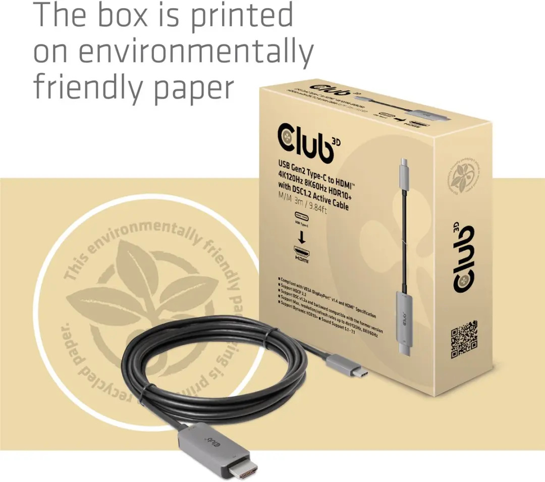Club3D CAC 1587 USB-C naar HDMI Kabel 3m - 4K120Hz/8K60Hz - Zwart