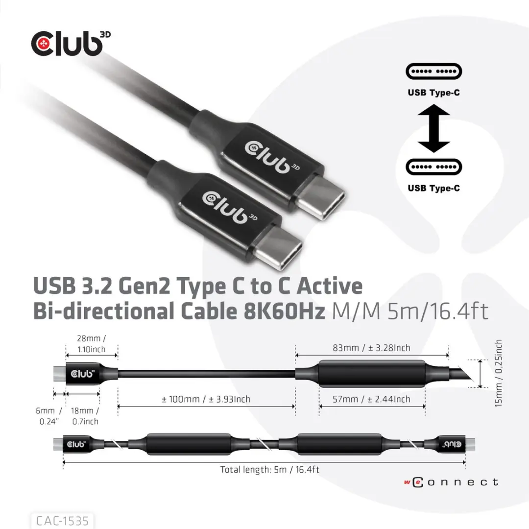 Club3D CAC-1535 USB-C Kabel 10Gbps 8K60Hz 5m - Zwart