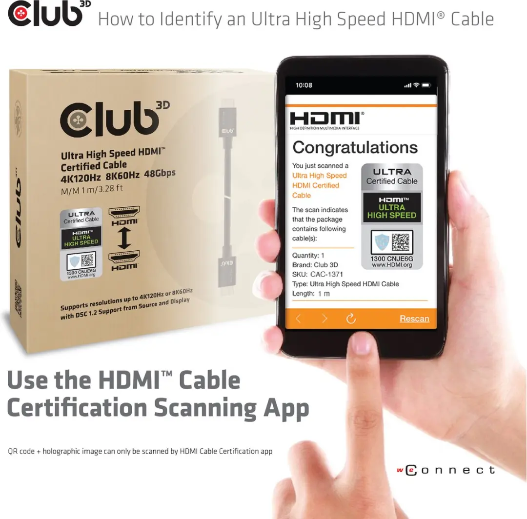 Club3D CAC-1371 HDMI-kabel 1m - 8K/10K UHD - Zwart