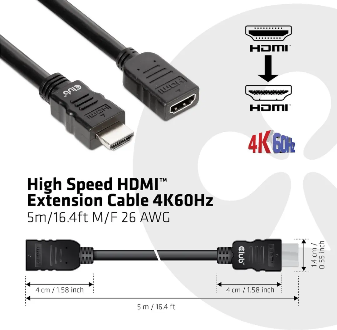 Club3D High Speed HDMI Verlengkabel 4K60Hz M/F 5m - 26 AWG - Zwart