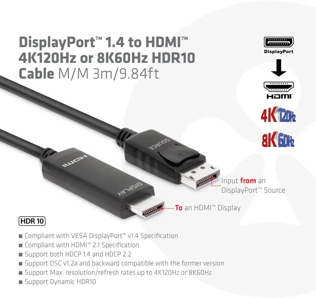 Club 3D DisplayPort 1.4 naar HDMI 4K120Hz Kabel 3m - Zwart - afbeelding 6 van 6