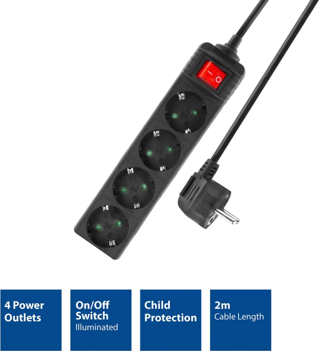 ACT Stekkerdoos AC2440 4 Stopcontacten 2m - Zwart
