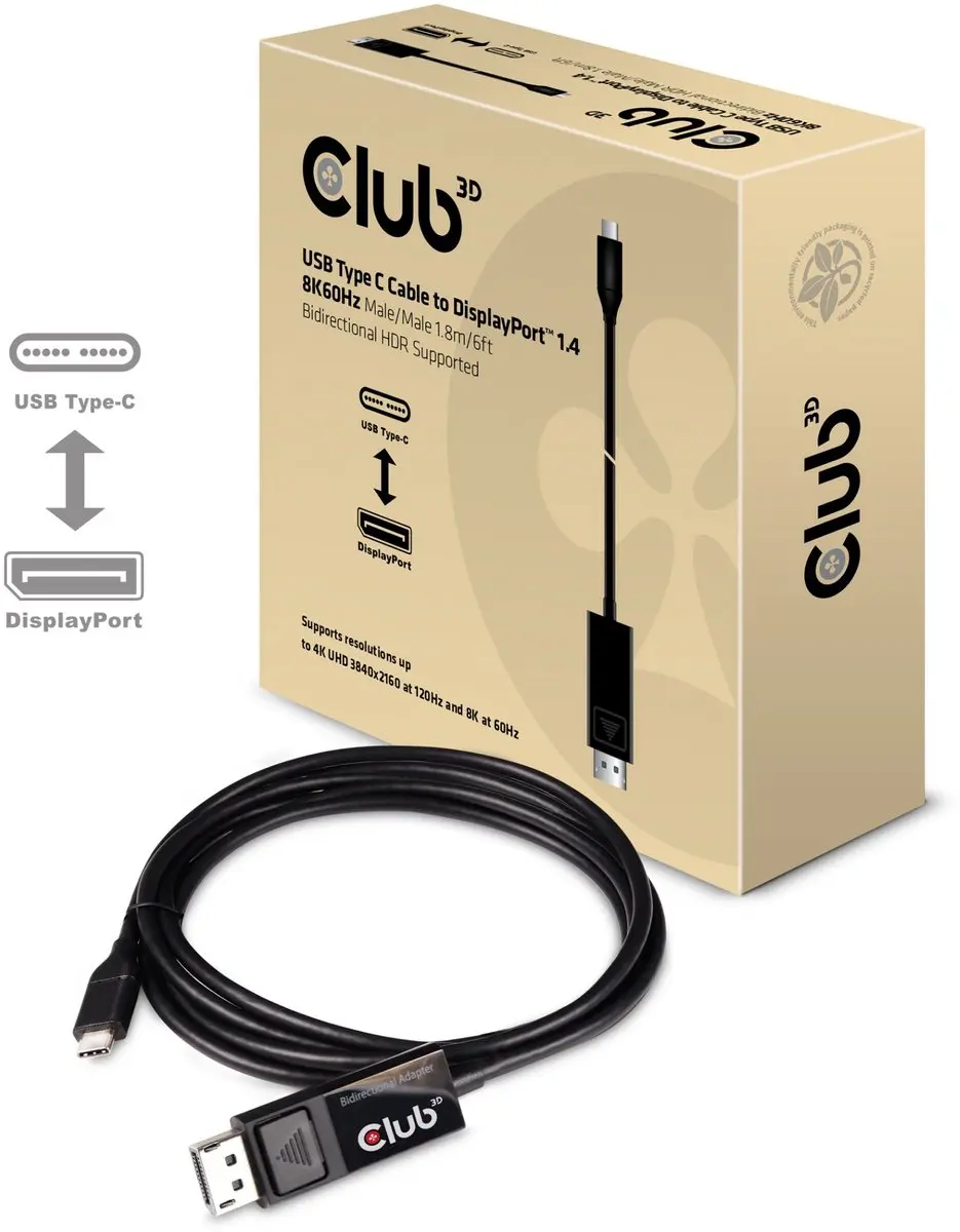 Club 3D USB-C naar DisplayPort 1.4 Kabel 8K60Hz 1,8m