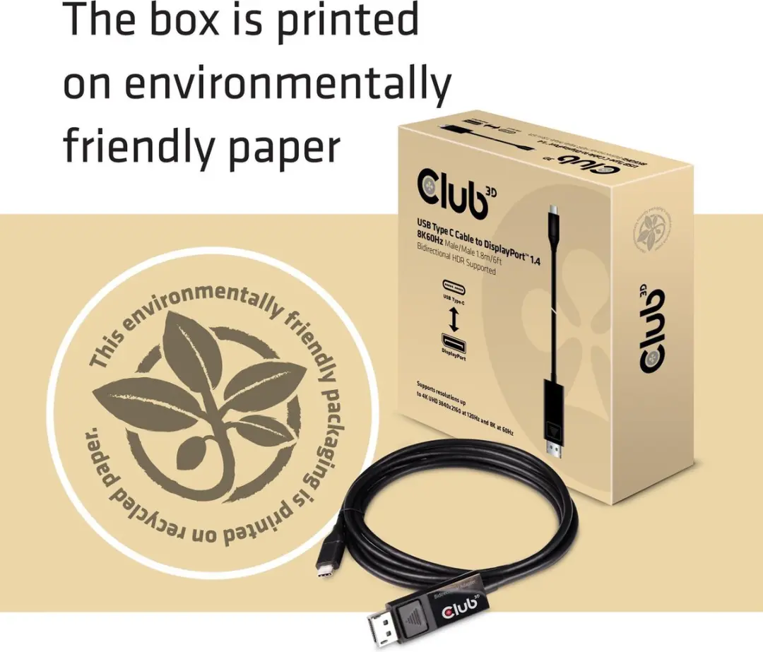 Club 3D USB-C naar DisplayPort 1.4 Kabel 8K60Hz 1,8m - Zwart
