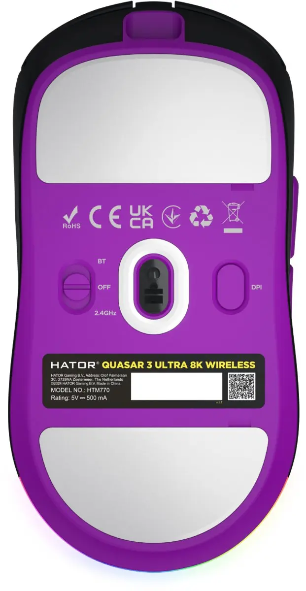 HATOR Quasar 3 Ultra 8K HTM770 Gaming Muis - Ambidextrous - 30.000 DPI - Zwart/Violet - afbeelding 6 van 6