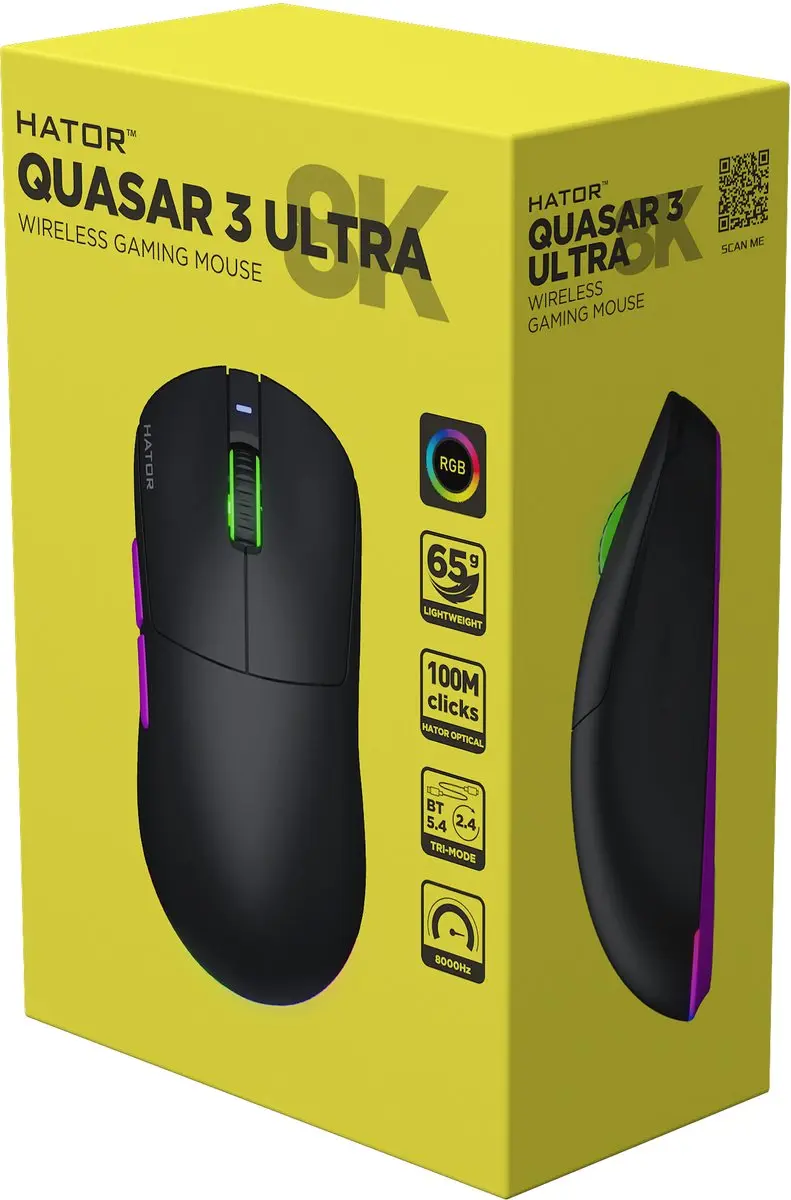 HATOR Quasar 3 Ultra 8K HTM770 Gaming Muis - Ambidextrous - 30.000 DPI - Zwart/Violet