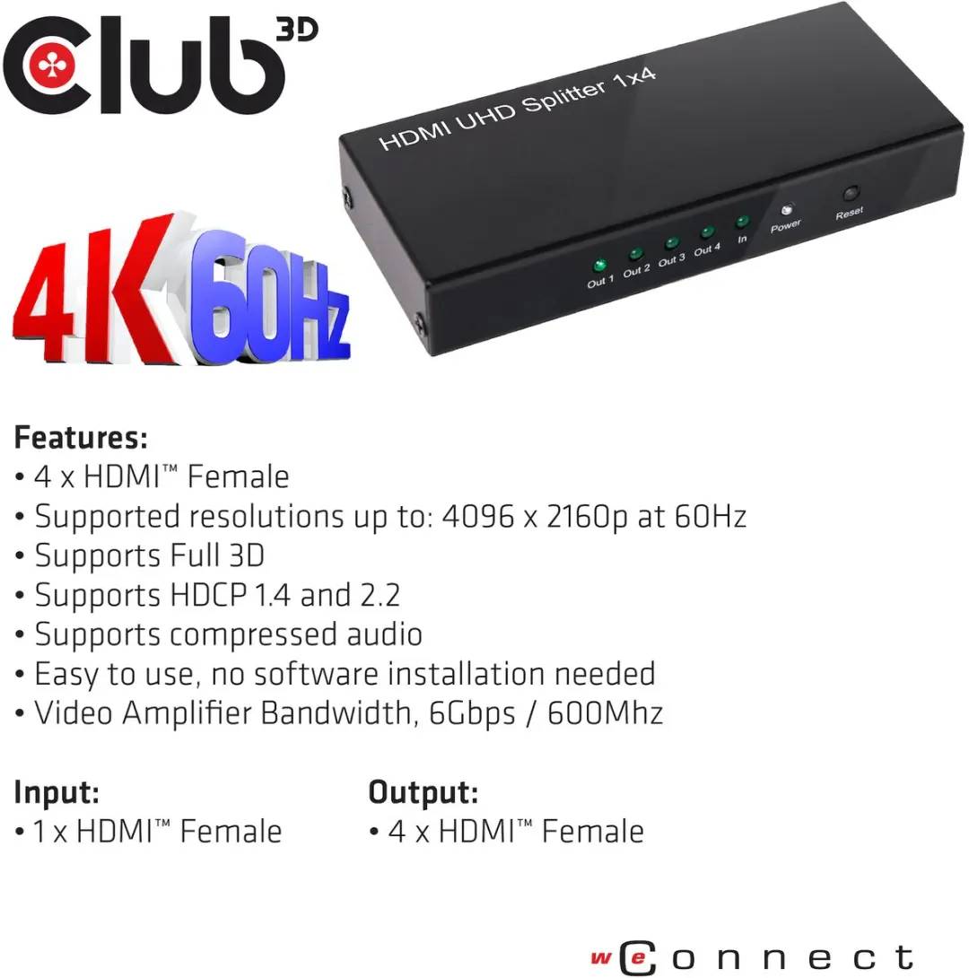 Club3D CSV-1380 HDMI Splitter 4 Poorten - 4K@60Hz - Zwart - afbeelding 6 van 6