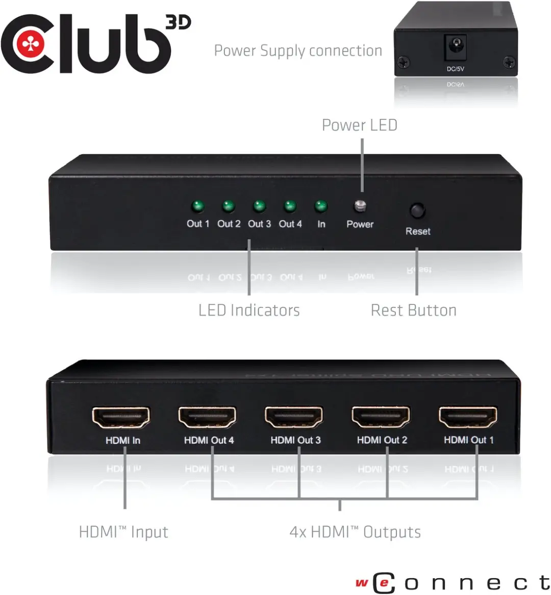 Club3D CSV-1380 HDMI Splitter 4 Poorten - 4K@60Hz - Zwart