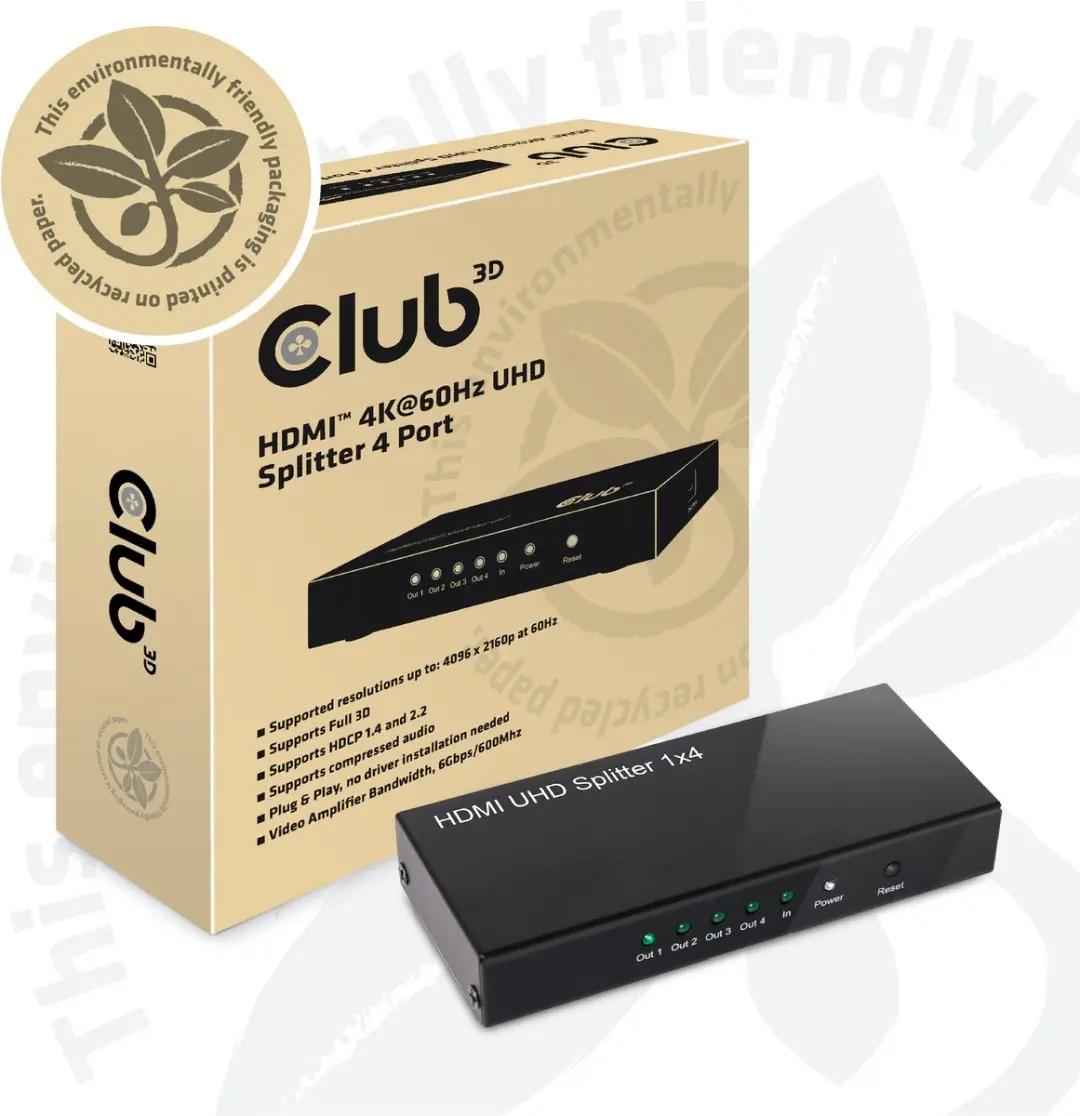 Club3D CSV-1380 HDMI Splitter 4 Poorten - 4K@60Hz - Zwart