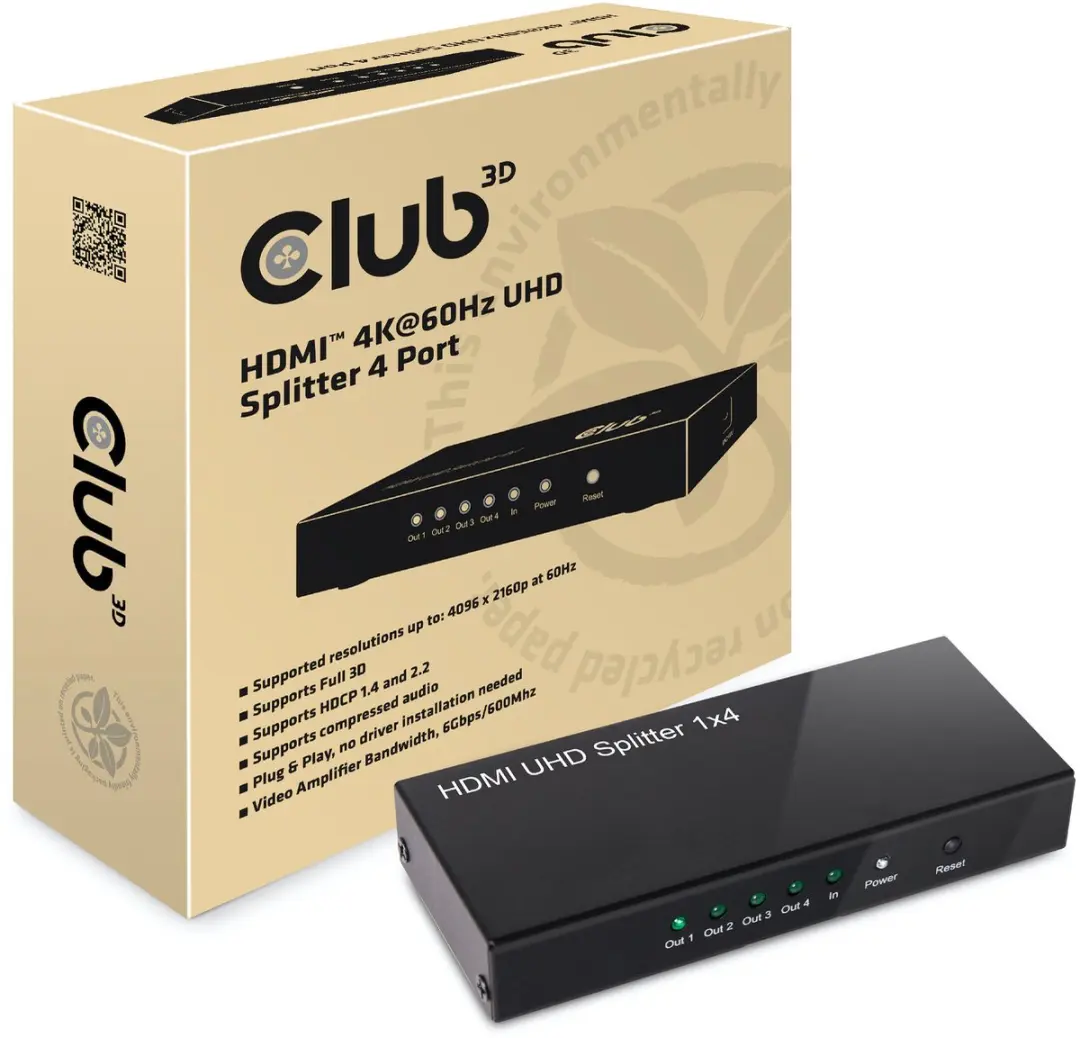 Club3D CSV-1380 HDMI Splitter 4 Poorten - 4K@60Hz - Zwart