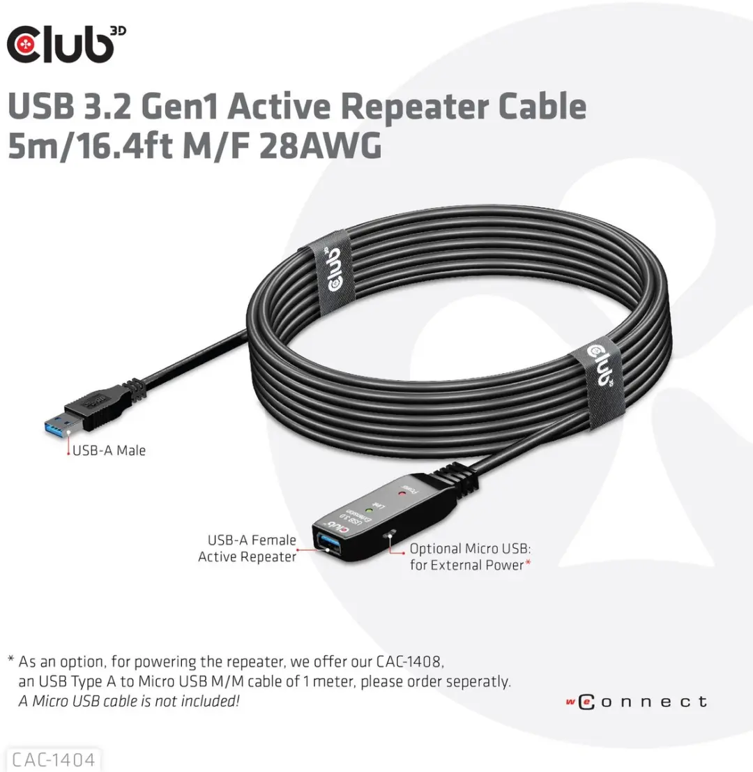 CLUB3D CAC-1404 USB 3.2 Gen1 Actieve Repeaterkabel 5m - Zwart - afbeelding 6 van 6