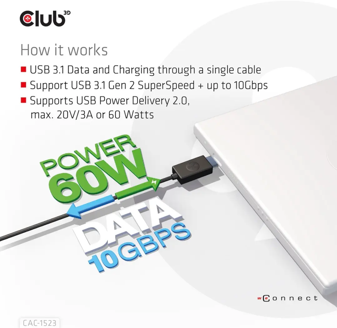 Club 3D USB-C-naar-A-kabel 10Gbps PD 60W - 1m - Zwart