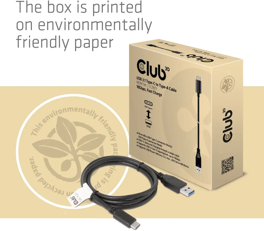 Club 3D USB-C-naar-A-kabel 10Gbps PD 60W - 1m - Zwart - afbeelding 6 van 6