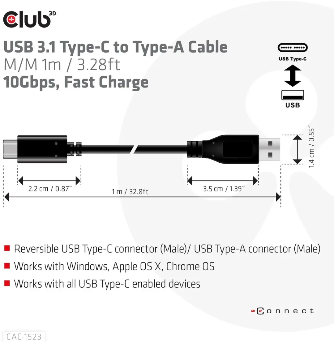 Club 3D USB-C-naar-A-kabel 10Gbps PD 60W - 1m - Zwart