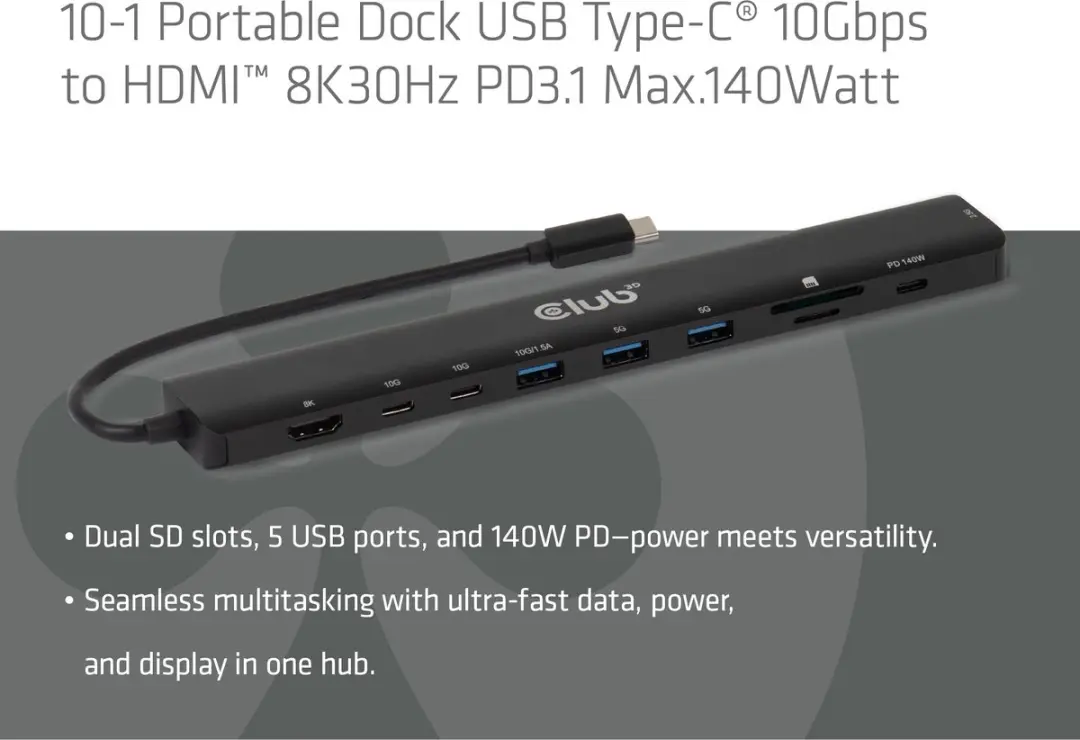 Club3D CSV-2550 USB-C Dock 10Gbps HDMI 8K30Hz - 140W - Zwart - afbeelding 6 van 6