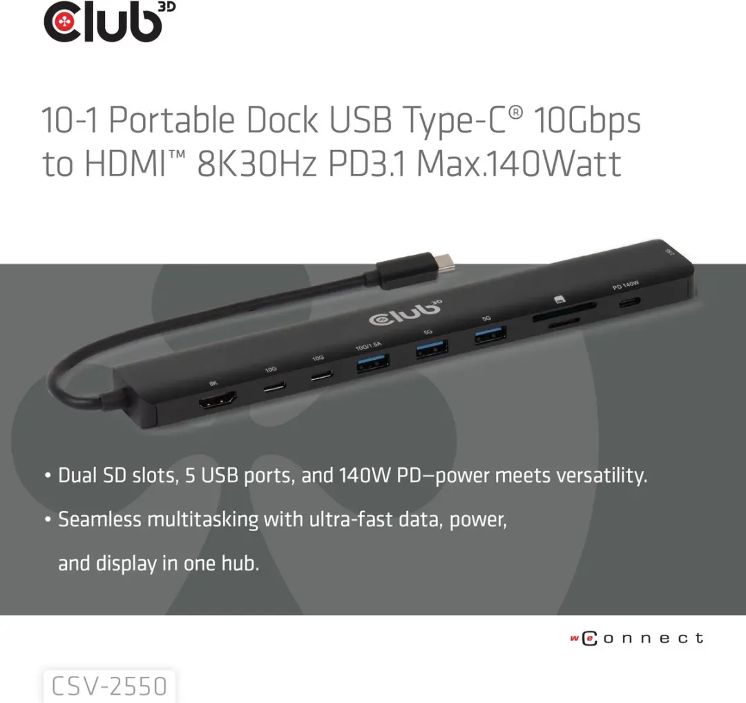Club3D CSV-2550 USB-C Dock 10Gbps HDMI 8K30Hz - 140W - Zwart
