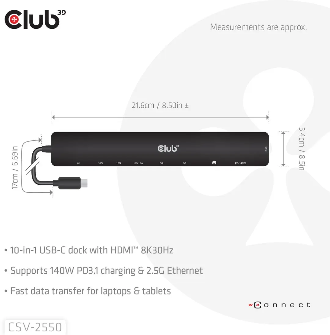 Club3D CSV-2550 USB-C Dock 10Gbps HDMI 8K30Hz - 140W - Zwart