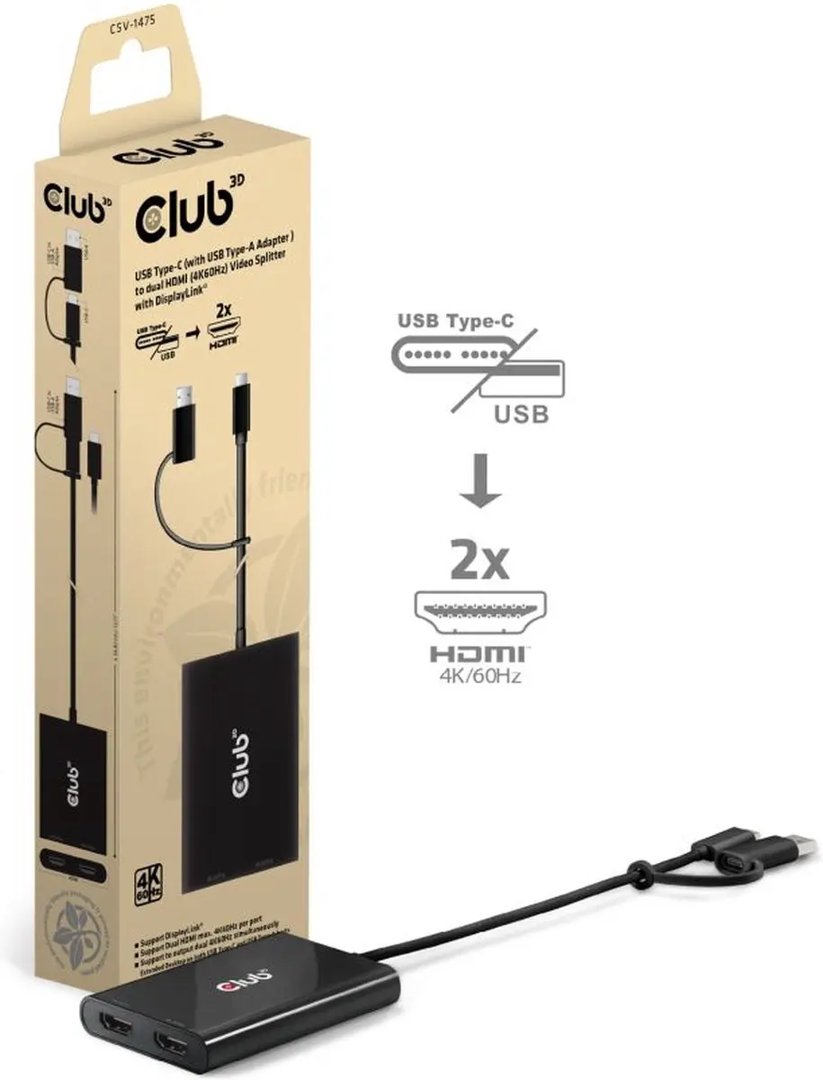 Club3D CSV-1475 USB Type-C Video Splitter 2x HDMI