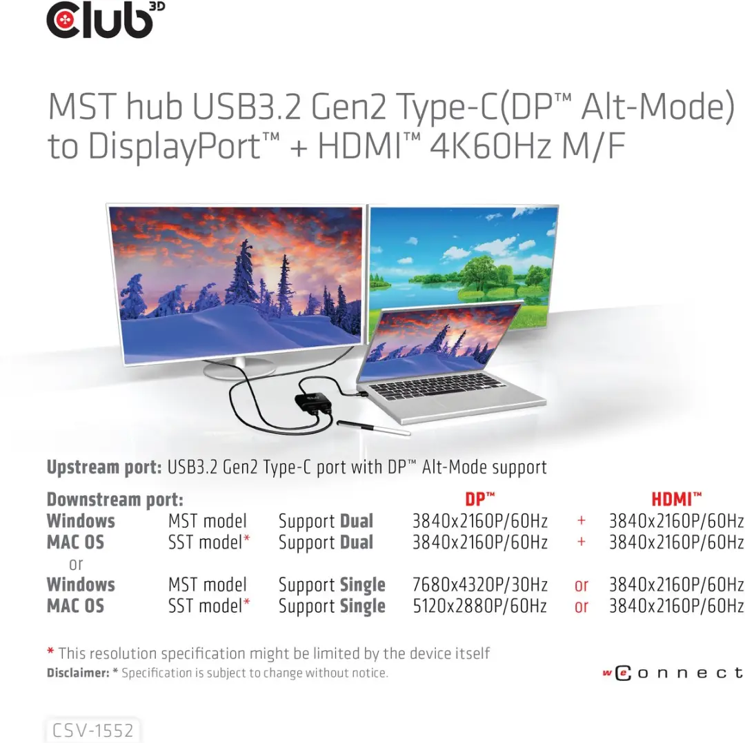 Club 3D CSV-1552 MST Hub USB-C - DisplayPort + HDMI 4K60Hz - Zwart