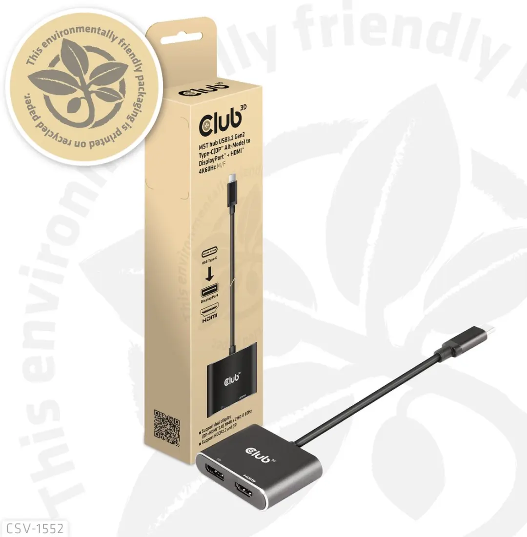 Club 3D CSV-1552 MST Hub USB-C - DisplayPort + HDMI 4K60Hz - Zwart