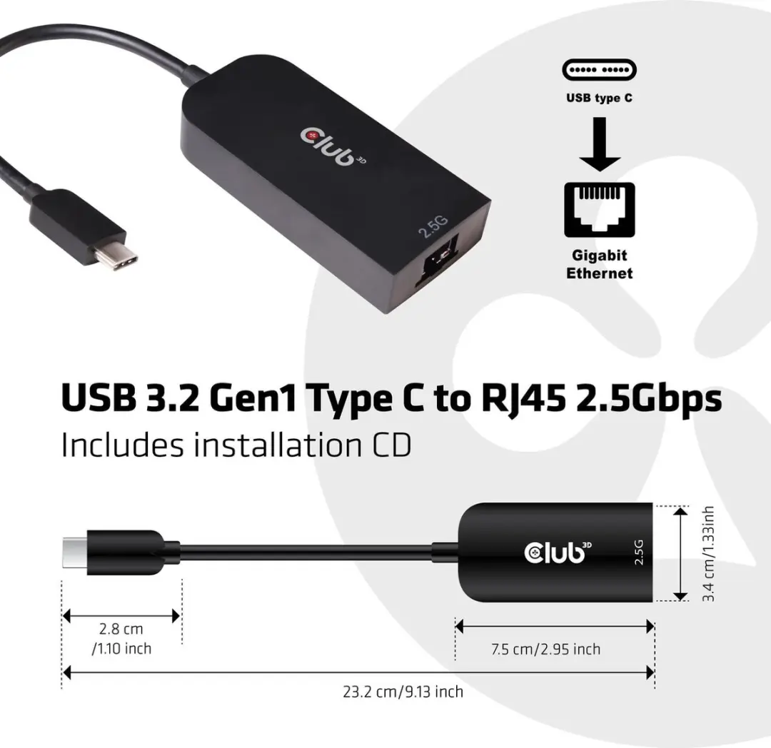 Club3D CAC-1520 USB-C naar RJ45 Ethernet 2.5G Adapter