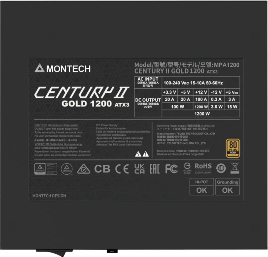 Montech Century II 1200W Voeding - ATX 20+4 Pin - Zilver/Zwart