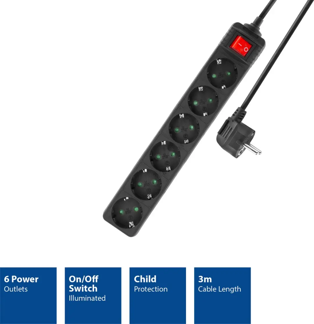 ACT Stekkerdoos AC2465 6 Stopcontacten 3m - Zwart
