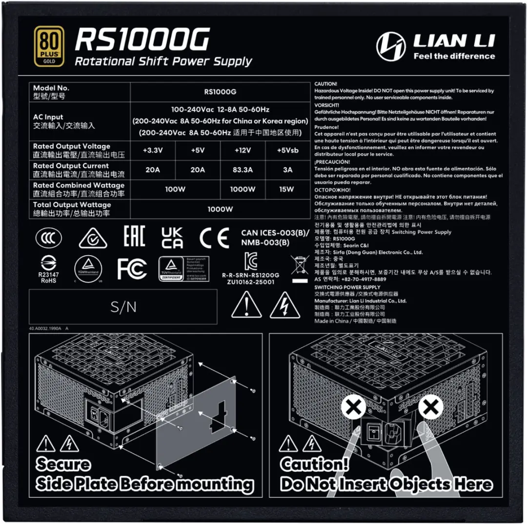 Lian Li RS1000G Voeding 1000W - ATX 20+4 pin - Zwart