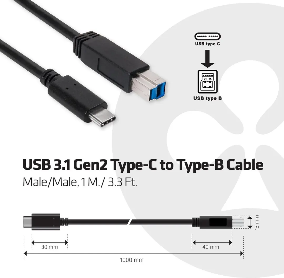 Club3D CAC-1524 USB 3.2 Gen1 Kabel USB-C naar USB-B - 1m - Zwart