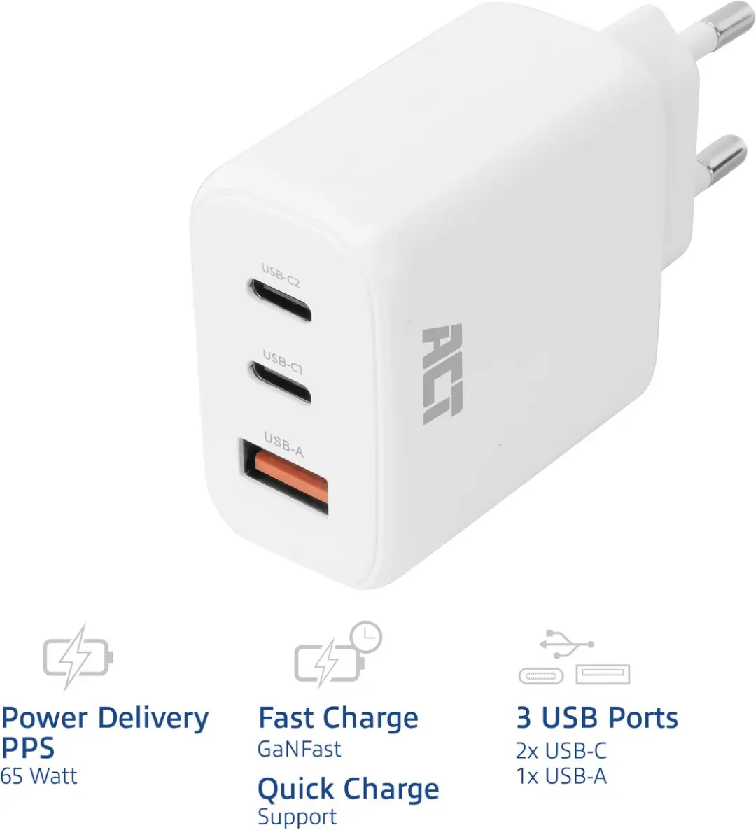 ACT AC2170 USB-C/USB-A Lader 65W - 3 Poorten - Wit