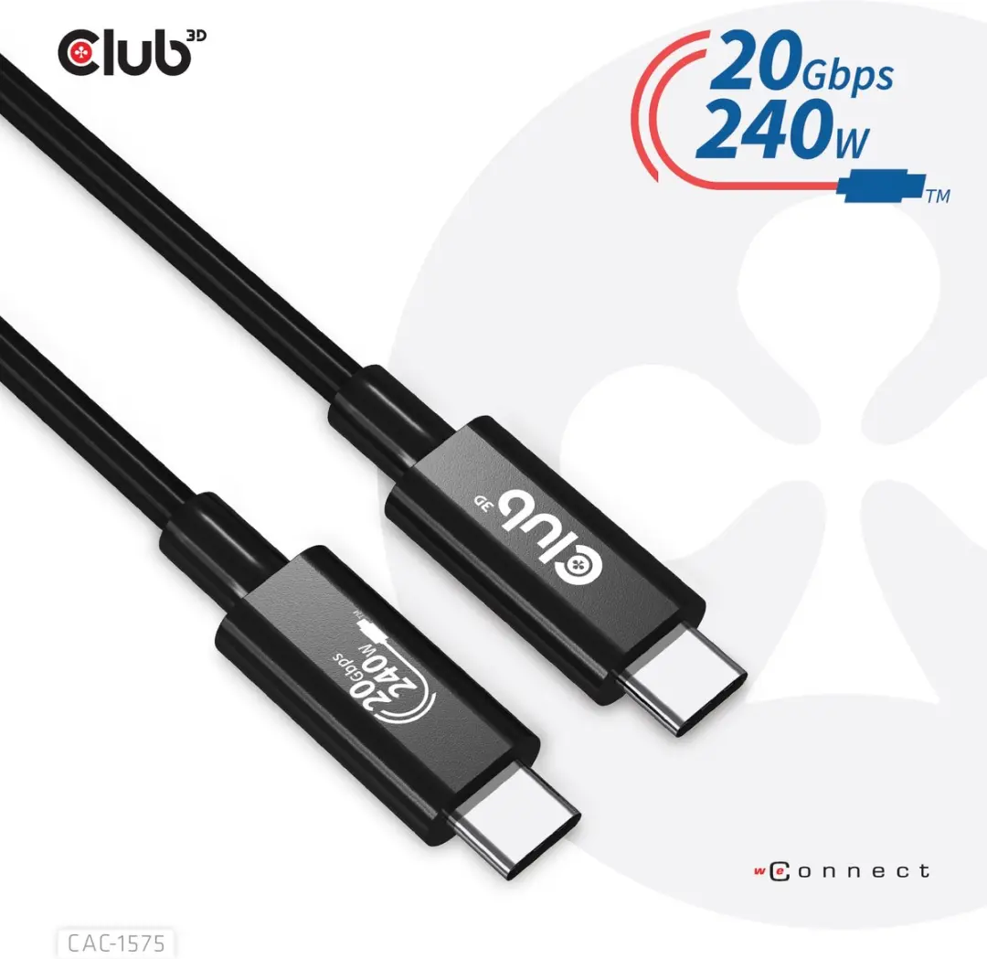 Club3D USB4 Gen2x2 Type-C Kabel 20Gbps 2m - 4K60Hz - 240W - Zwart
