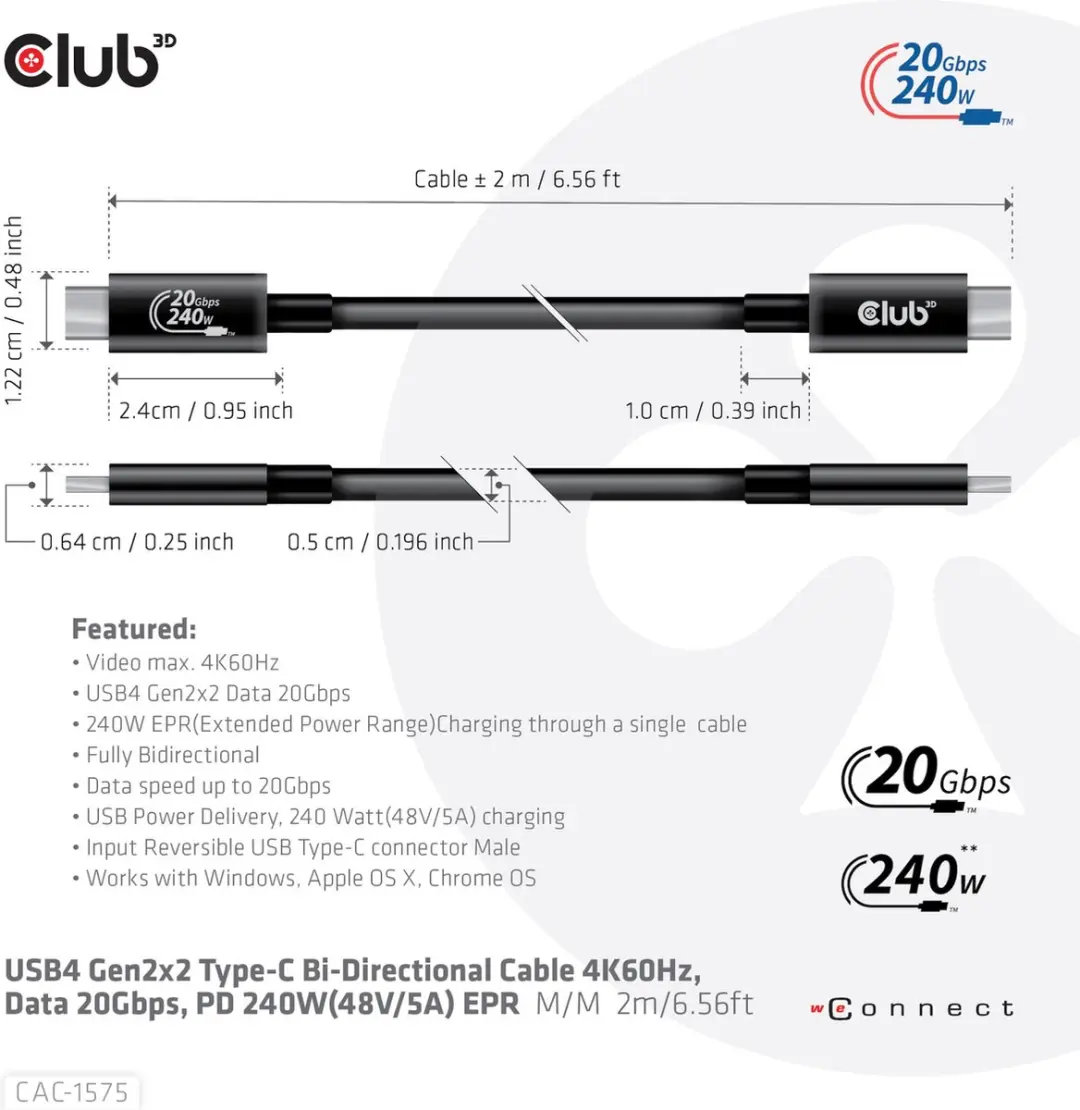 Club3D USB4 Gen2x2 Type-C Kabel 20Gbps 2m - 4K60Hz - 240W - Zwart