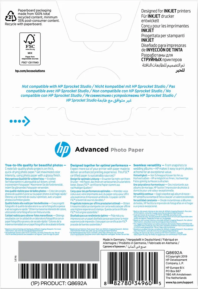HP Fotopapier Q8692A 100 Vel - 10x15cm Wit